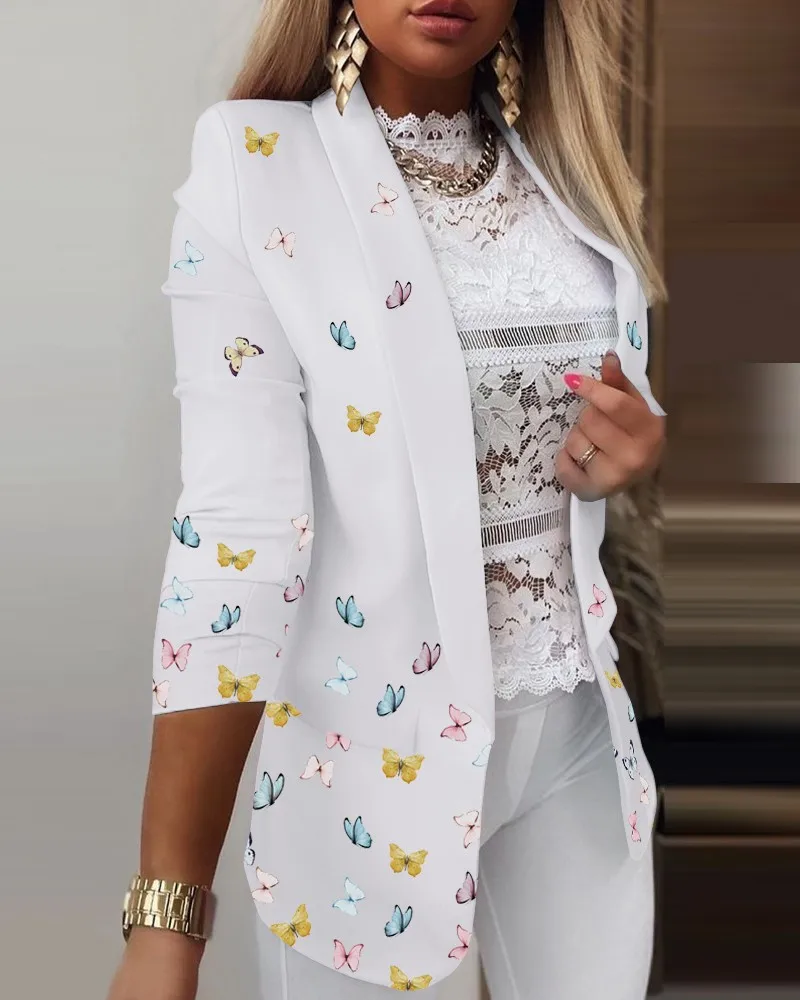 Setelan Lengan Panjang Kasual Pakaian Luar Wanita Kantor 2025 Mantel Blazer Motif Kupu-kupu Kerah Lipat Mode Musim Semi Musim Gugur untuk Wanita