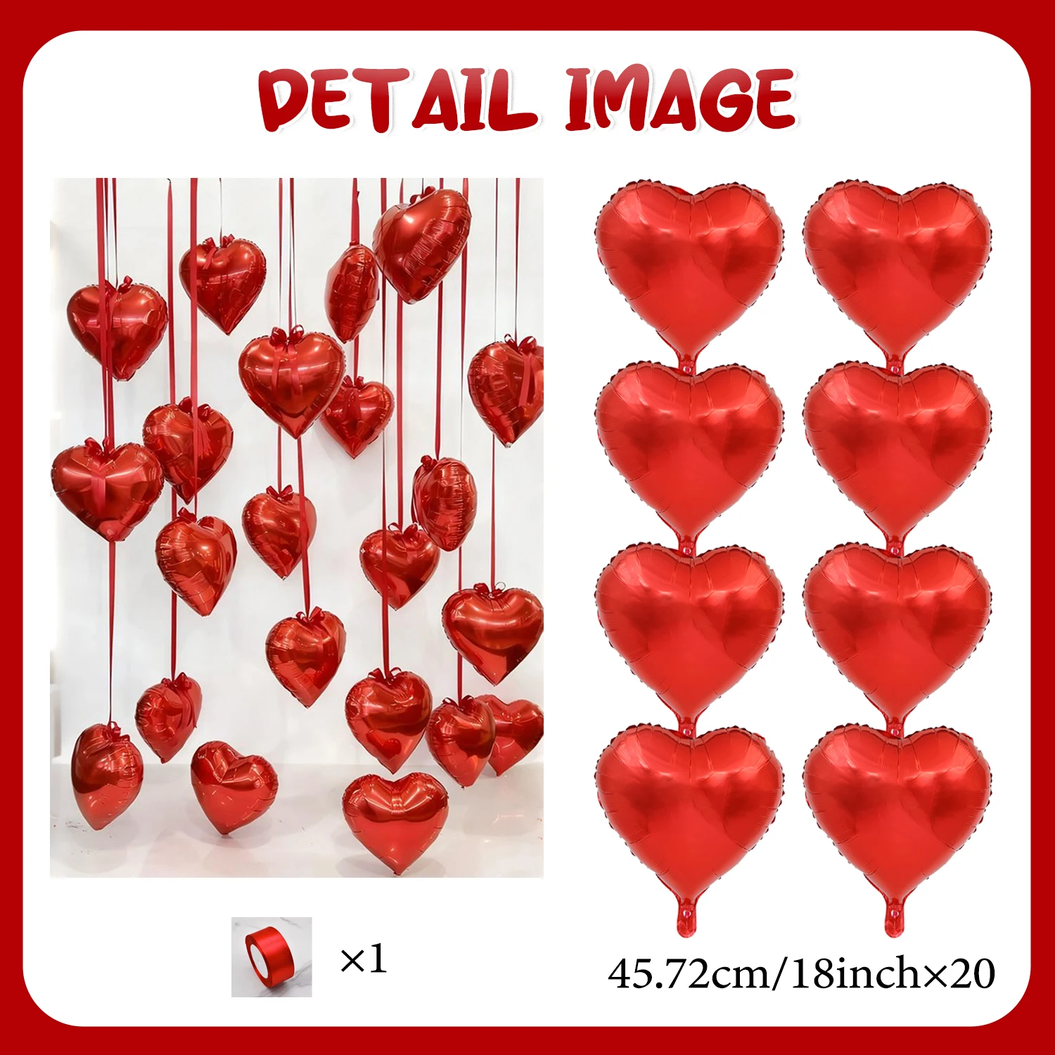 20 Stück herzförmige Aluminiumfolienballons mit rotem Band für Geburtstagsfeiern, Heiratsanträge, Hochzeitsjubiläen und Partydekorationen. – Detail 2