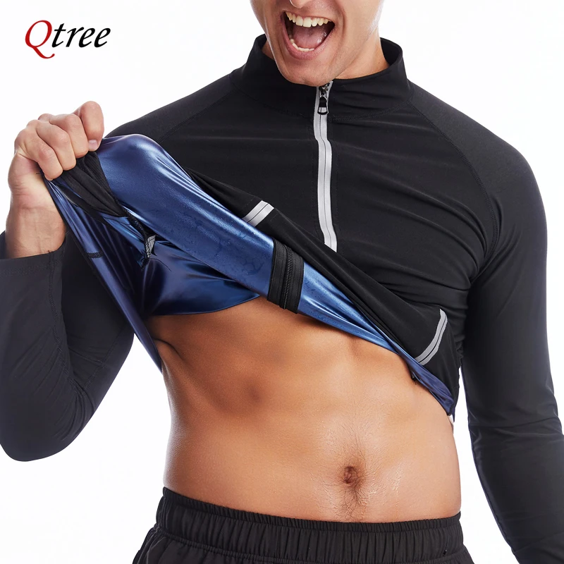 Qtree Sauan Jacket Slimming Sweat Compression Men Waist Trainer Shirts Hot Neoprene Body Shaper Long Sleeved Weight Loss Vest