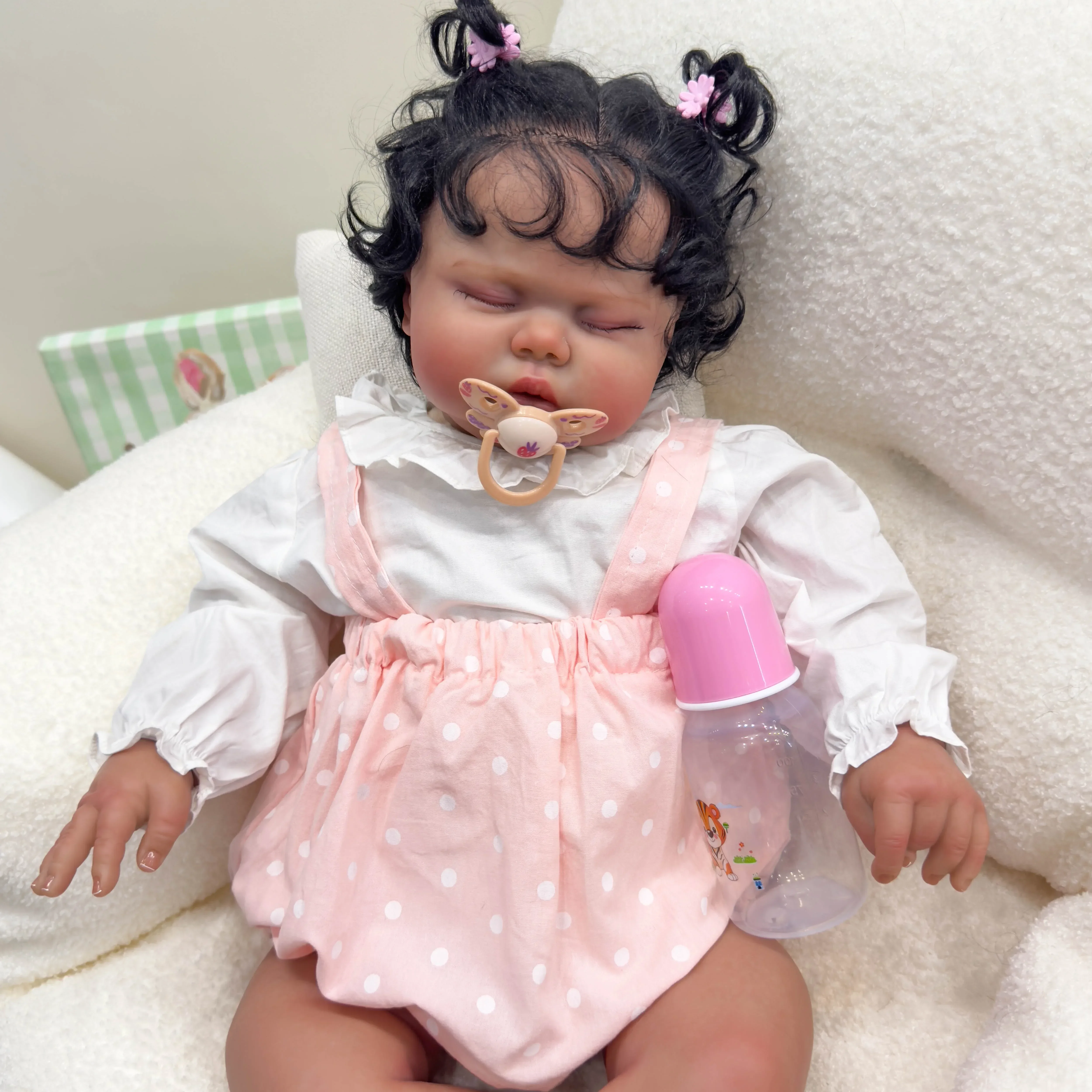 24Inch Pickle Sleeping Dark Skin Soft Cloth Body Lifelike Reborn Toddler Hand Rooted Hair Cuddly Baby Girl Doll  Baby