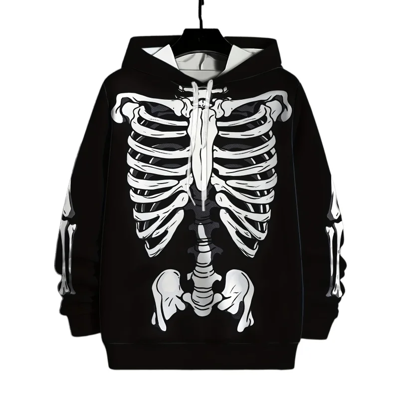 Skeleton Print Hoodie - Casual Style 100% Polyester Fiber Hooded Collar Knit Fabric Regular Fit Pattern Sweatshirt