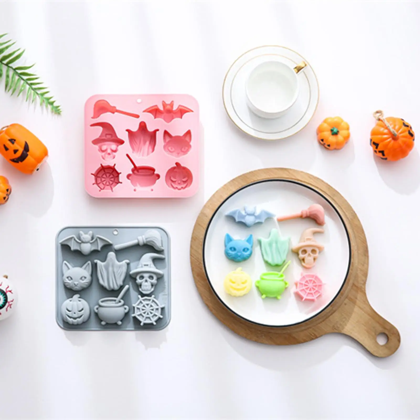 2 Pieces Halloween Theme Silicone Molds Set Cat, Bat, Ghost, Skeleton, Pumpkin, Big Pot, Spider Net Patterns Homemade Cake Mold