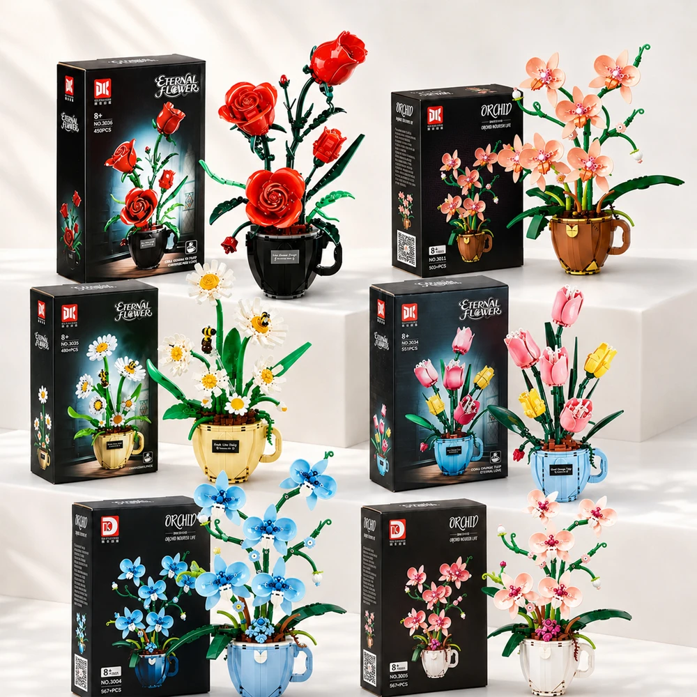 MOC Flowers Building Blocks Orchid Romantic Rose Bouquet Potted Plants Blocks Model DIY Desk Decoration Toys for Girls Kid Gift