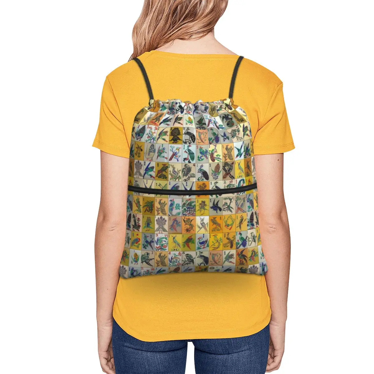 Mah Jongg Birds Mahjong Tiles Backpacks Multi-function Drawstring Bags Sports Bag Book Bags for Travel Students