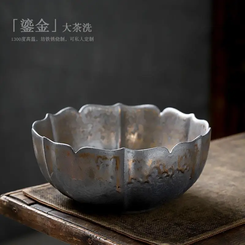 Gilding Large Size Tea Dishwashing Japanese Style Handmade Gilding Lotus Cup Wash Ceramic Tea Basin Exhausted Tea Jar Kung Fu Te