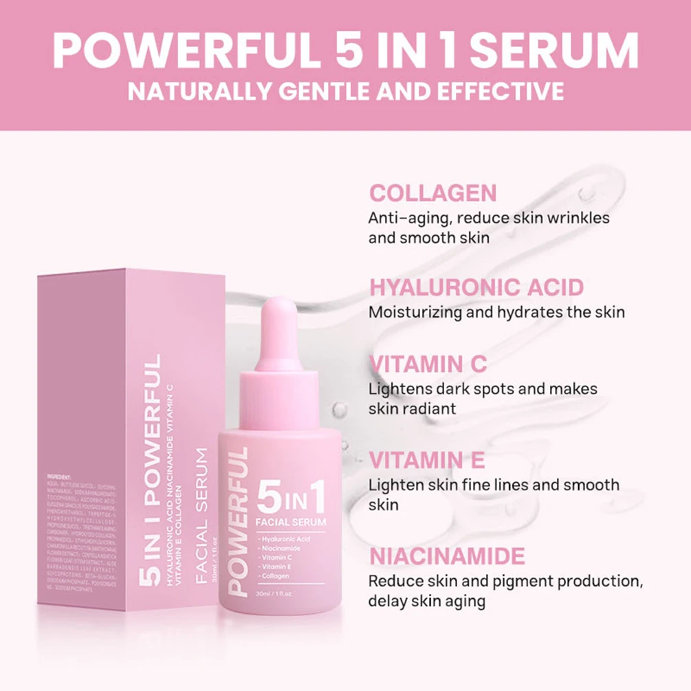 30ml de etiqueta privada 5 en 1 suero facial logotipo personalizado hidratante reafirmante iluminador aclarador maquillaje de arrugas cuidado de la piel facial rosa