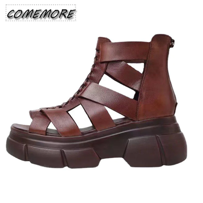 Roman-style Comfortable Wedges Heels for Women\'s with Fish Mouth Layer of PU Leather Retro Chunky Rocking Sandals Fashion Shoes