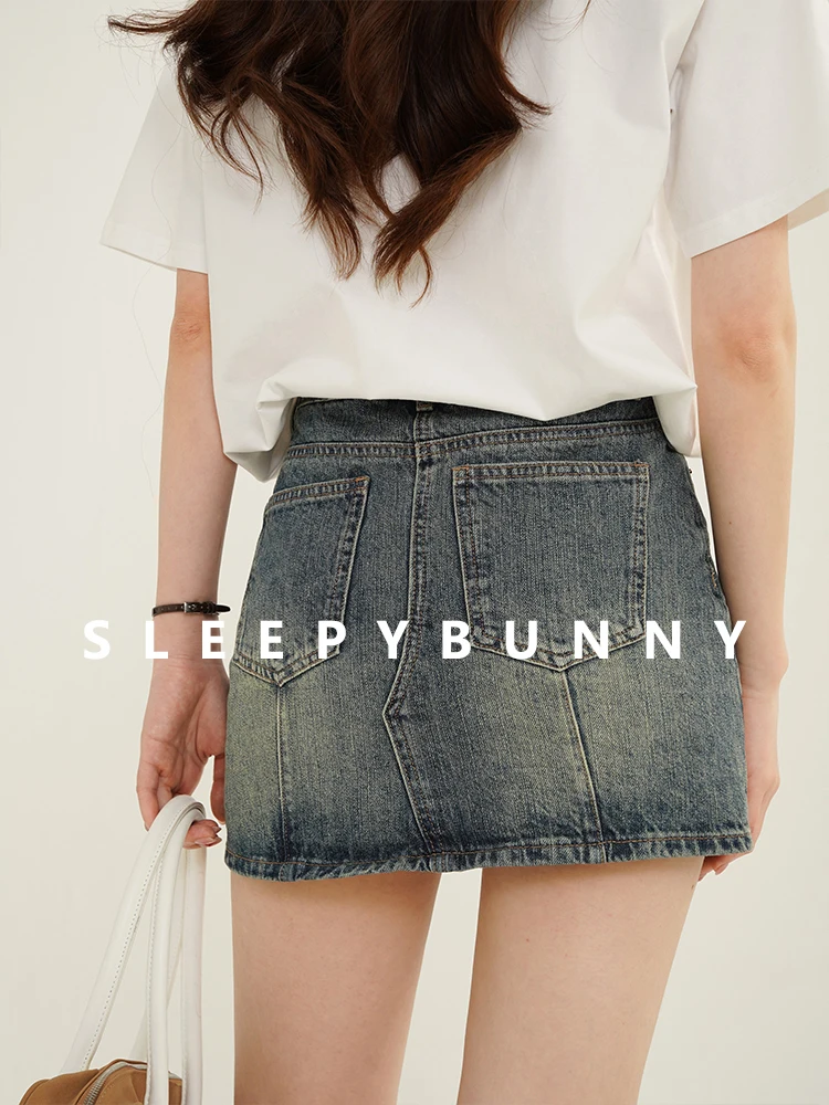 Vintage Washed Denim Mini Skirt Women High Waist A-Line Slim Casual Elastic Bodycon Jean Short Skirt Safety Inner Layer Summer
