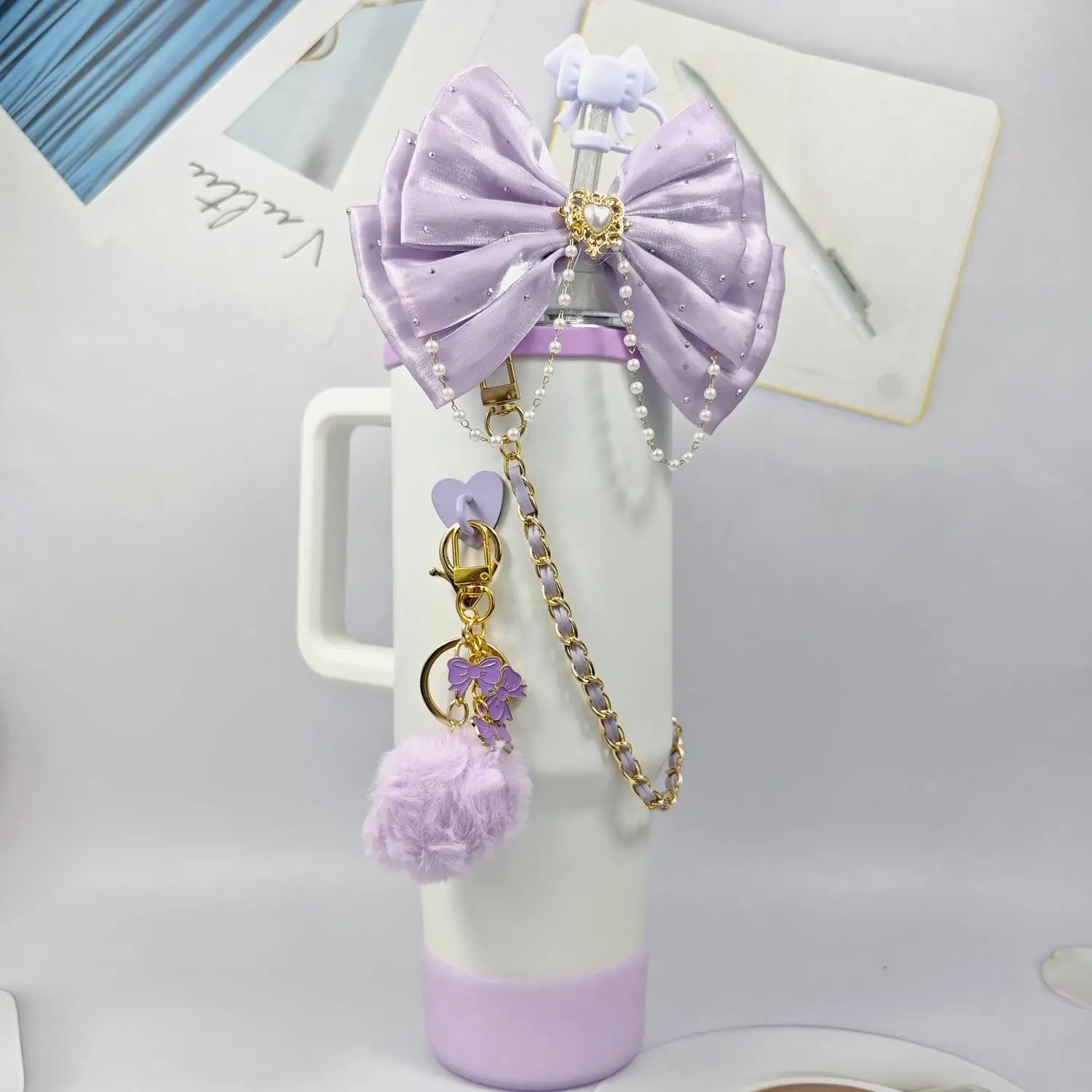 New Decorative Straw Topper Cup Sleeve with Bow Sequin Pendant Pom-Pom Charm for Stanley Cups Cross-Border Shipping