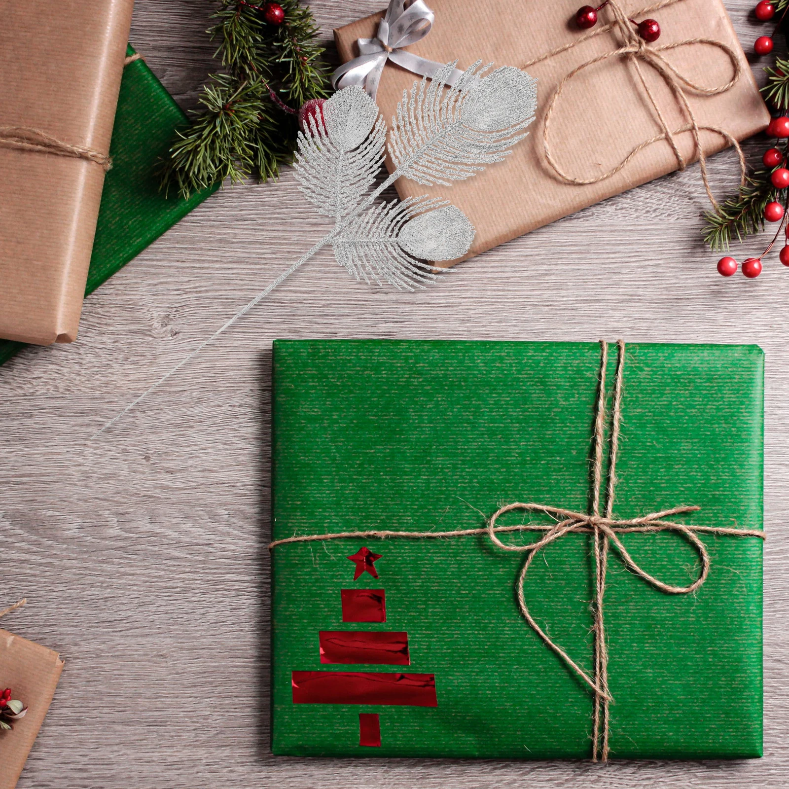 

6pcs Artificial Christmas Tree Decoration Branches PE Material Glitter Powder Home Party Xmas Simulation Leaves Ornaments