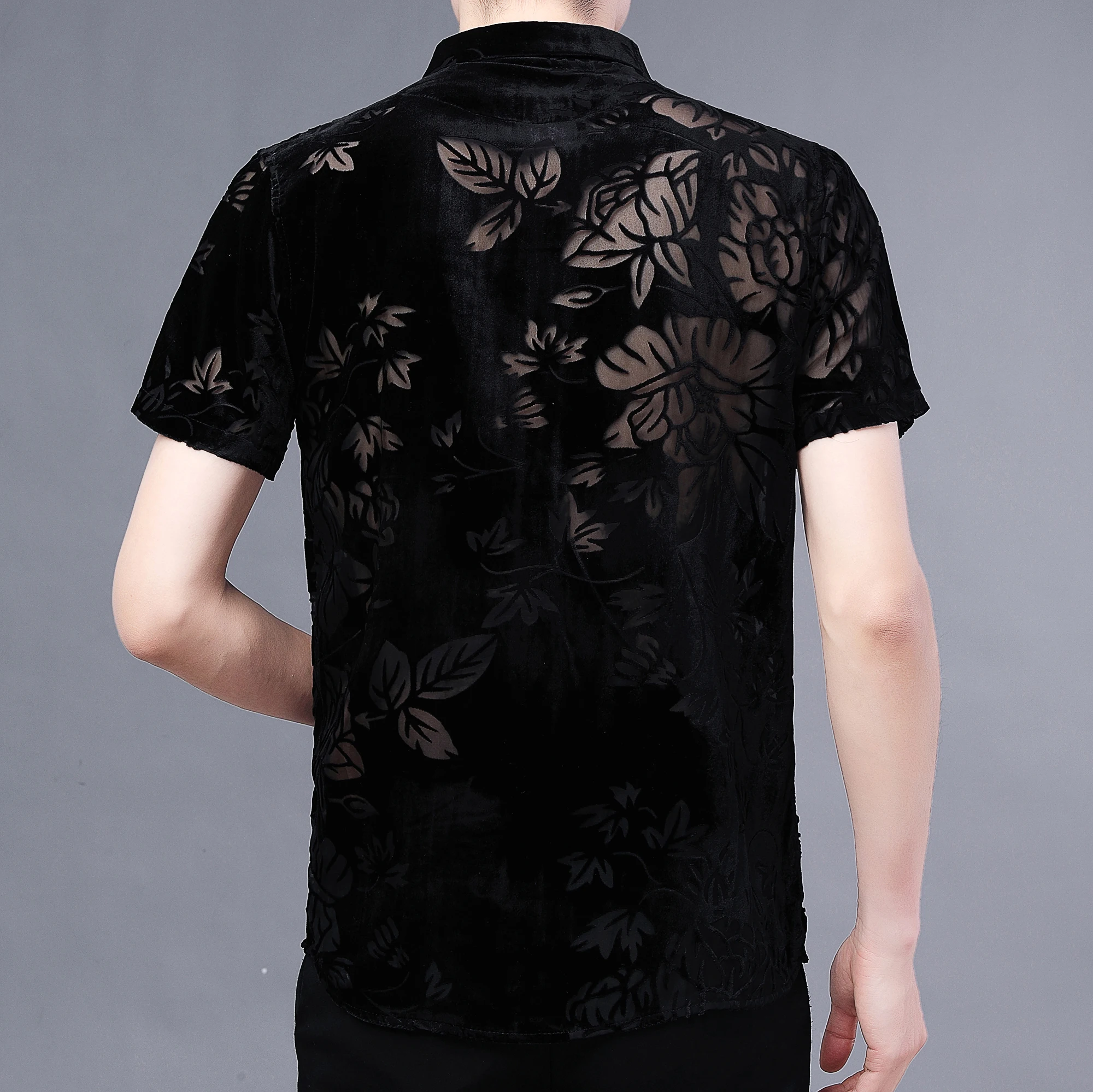 Men's Sexy Hollow Flowers Clothes Spring & Summer Transparent Silk Velvet Shirt Short Sleeve Male See Through  Night Club Tops