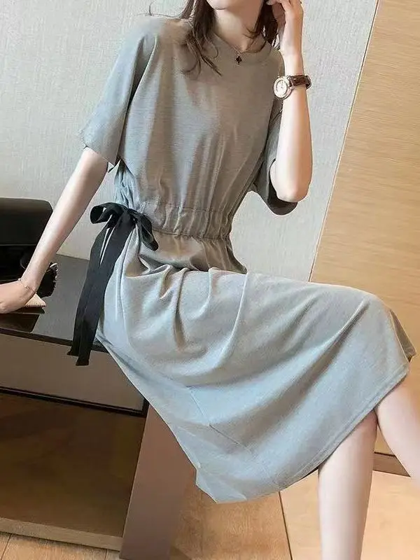 T-shirt ample Maxi Dr Street Sle Version coréenne femmes été minceur jupe longue ceinturée décontracté taille haute fibre de Polyester