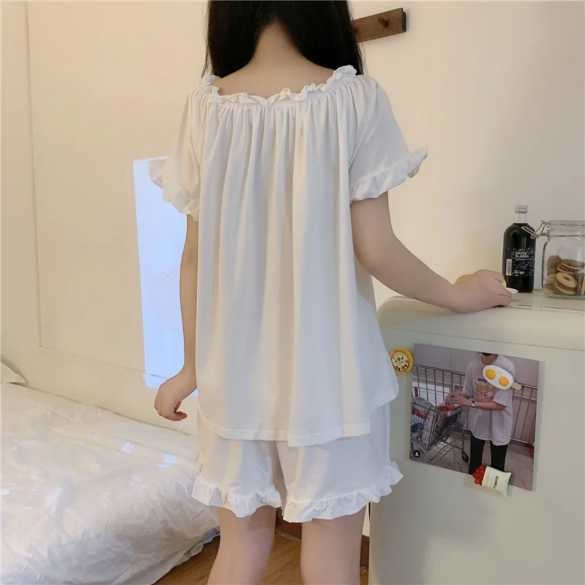 Short-sleeved Shorts Pajamas for Women Summer Cute Solid Color Fresh Home Clothes Set Pijamas De Mujer Drop Shipping