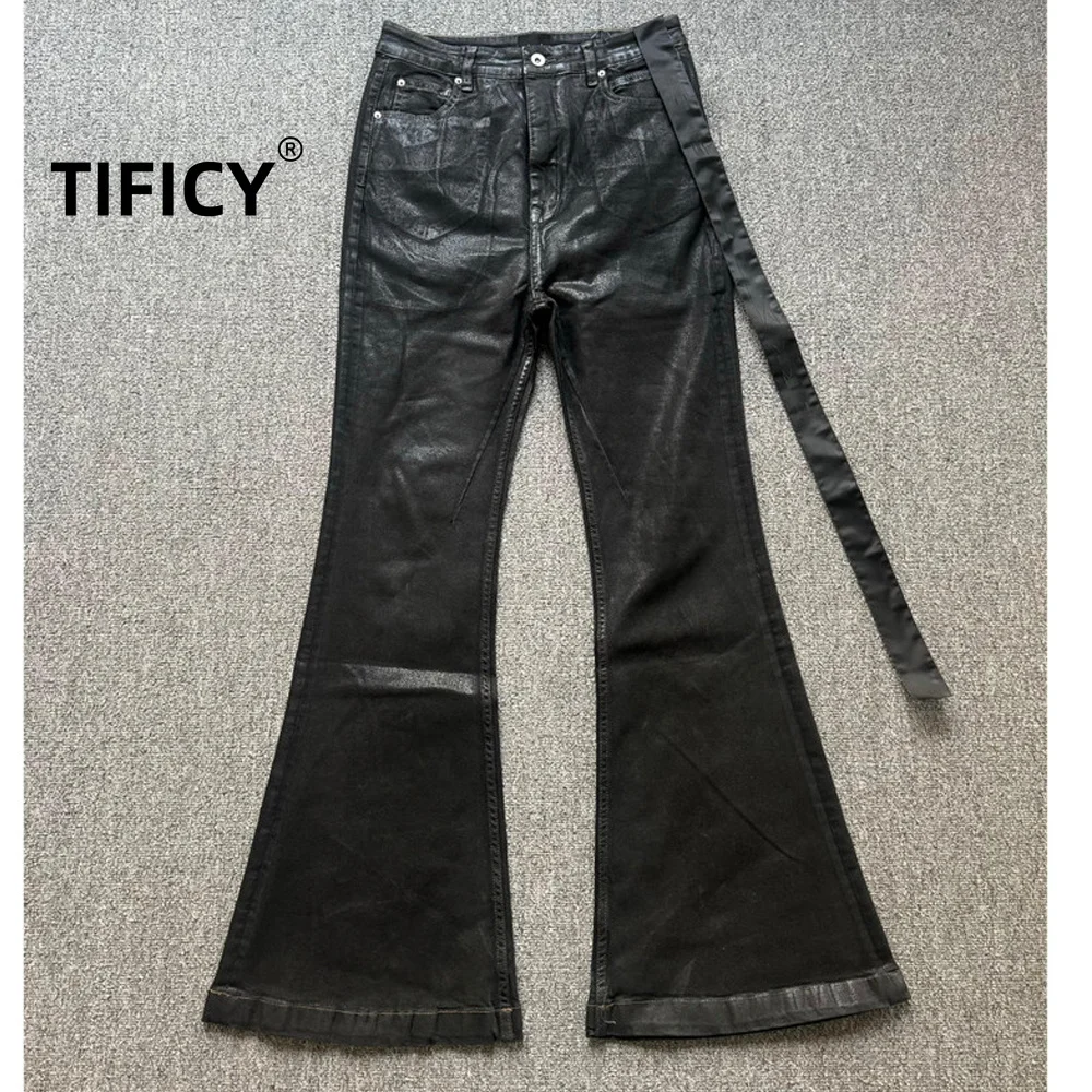 High Street Dark RO Style Denim Pants Men Dark Brushed Wax Coated High Elasticity Ribbon Jeans Wide Leg Slightly Flared Pants