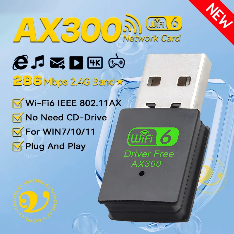 

WiFi6 USB Wireless Network Card AX300 Drive Free 2.4G High-Speed Mini WI-FI Adapter Receiver Dongle WLAN 286Mbps For Win 7/10/11
