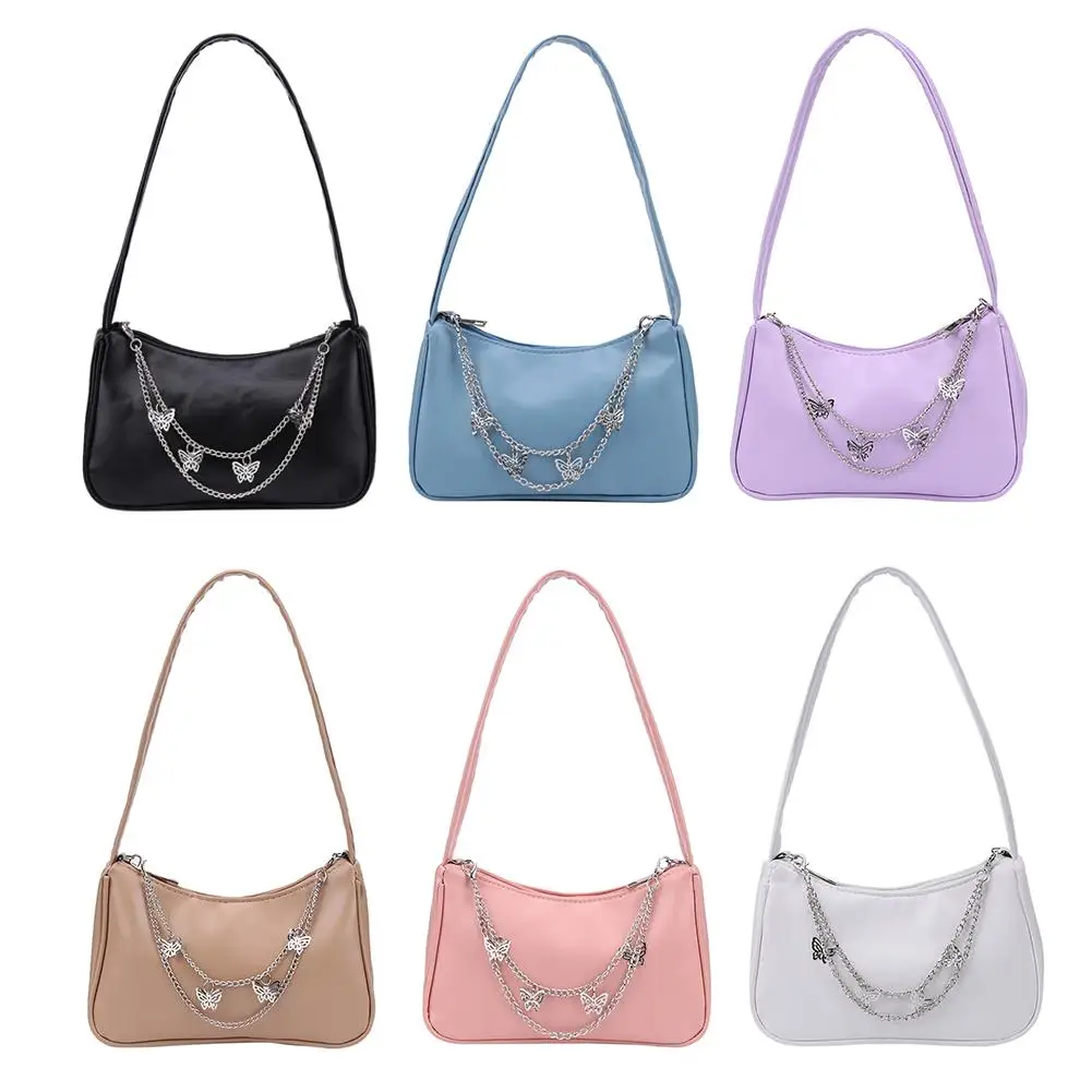 

Fashion Women PU Underarm Bag Butterfly Chain Pure Color Mini Purse (Black)