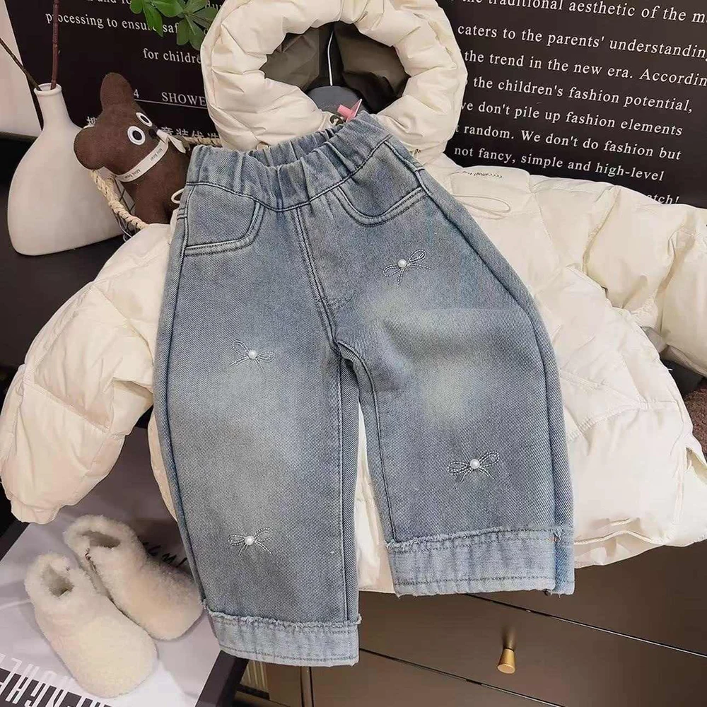 Girls Pearl Bow Denim Pants 2025 Spring Autumn Elastic Waist Straight Wide Leg Pants Korean Style Kids Jeans Children Clothes