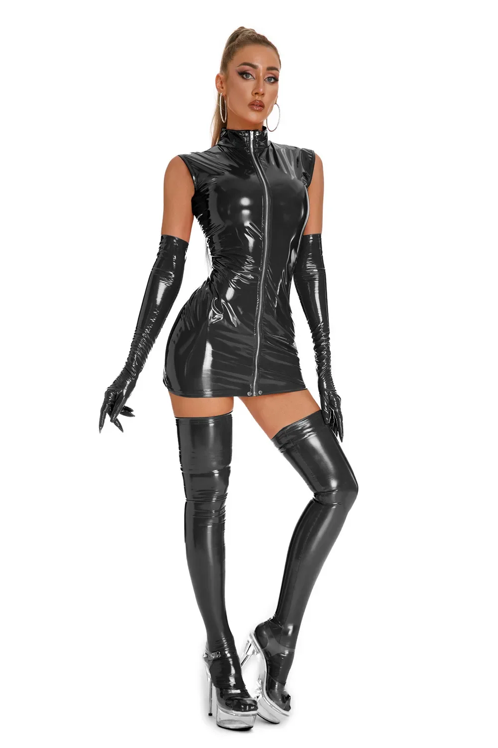 Nieuwe Vrouwen Sexy Pu Lederen Jurk Club Party Lady Mini Jurk Skinny Rits Pvc Latex Jurk Met Handschoenen Kous Elasticiteit