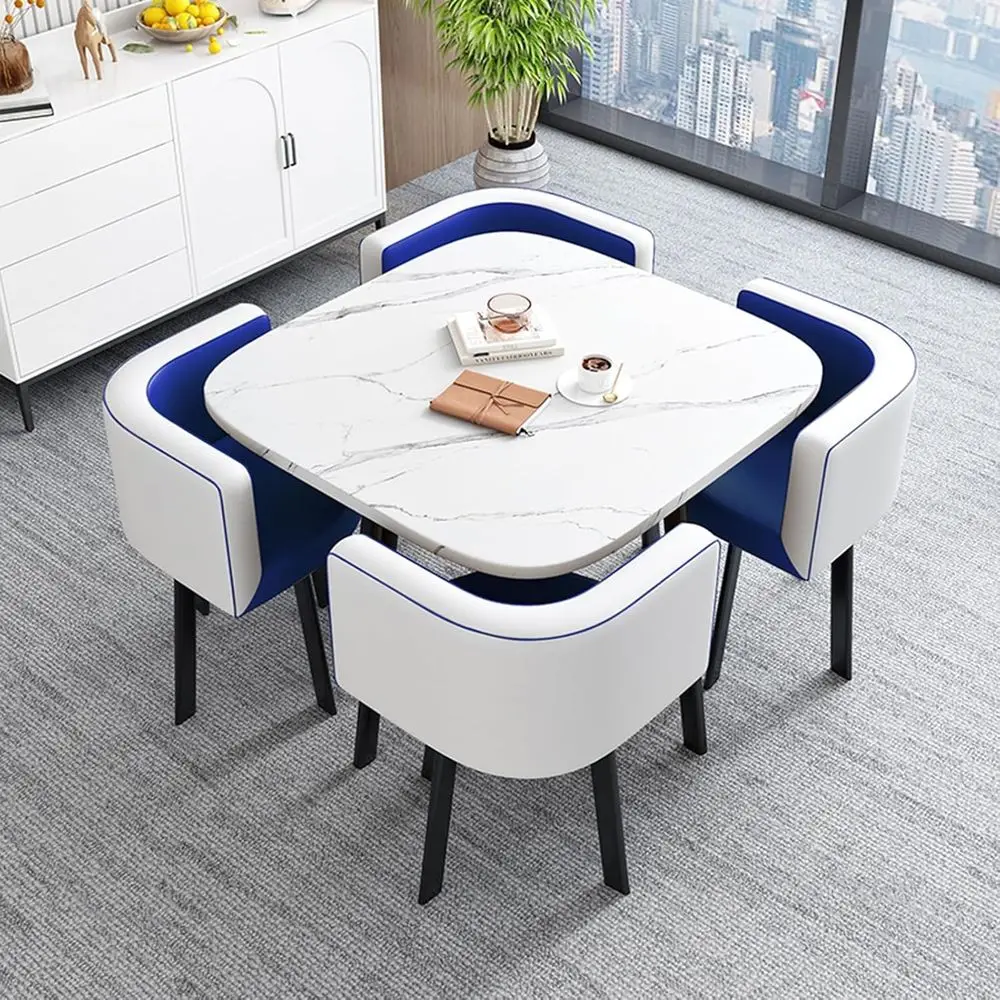 

Space-Saving Corner Desk & Chair Set for Business Meetings, Dining, and Negotiations - 1 Table with 4 Chairs in White and Blue