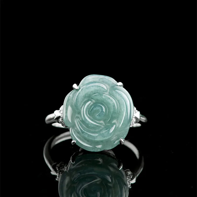 

Jiale/S925 Silver Inlaid Natural Emerald Blue Water Rose Women's Adjustable Size Jade Ring Mother Girlfriend Fine Jewelry Gift