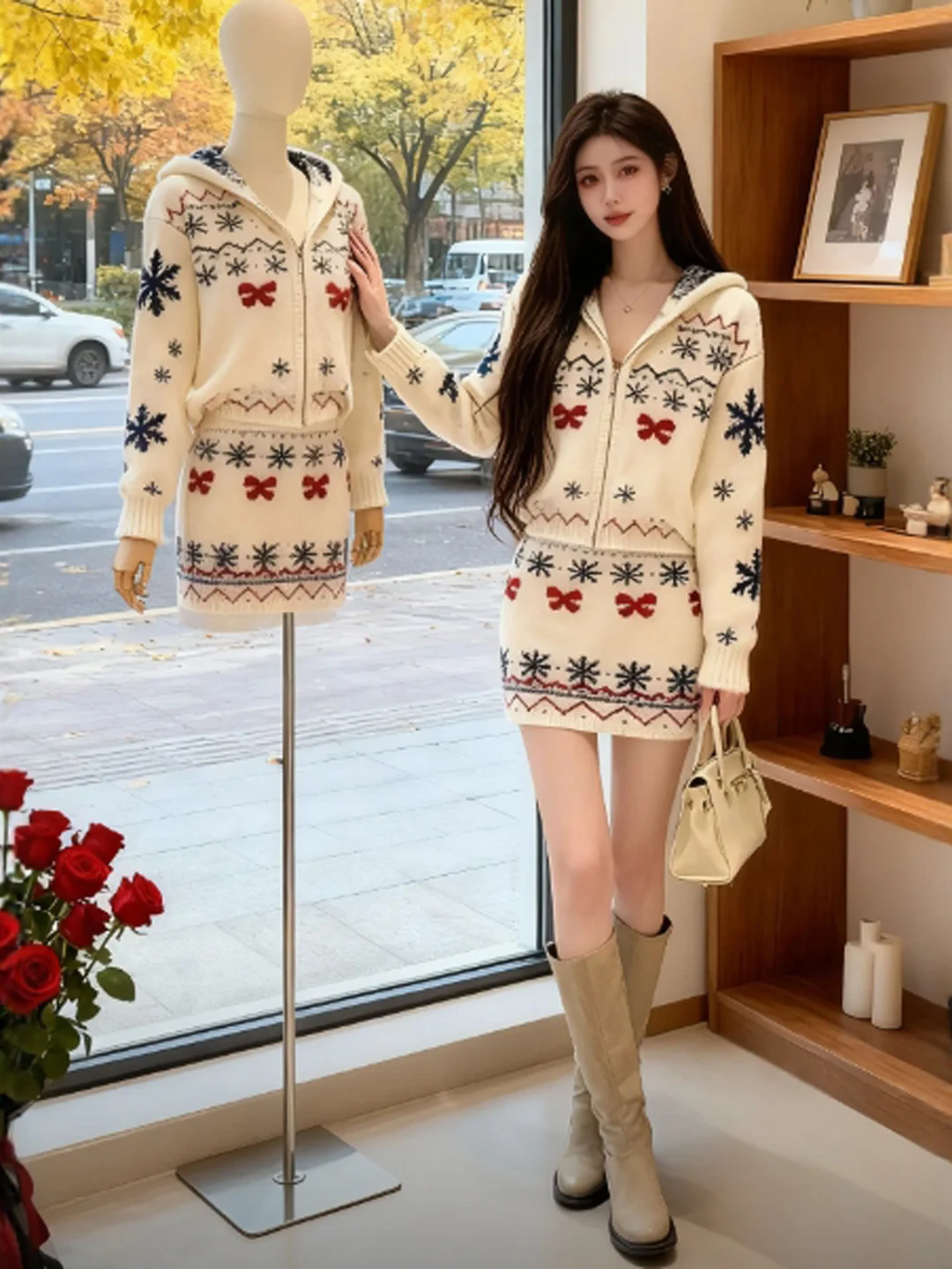 

Ретро-комплект из вязаного свитера и юбки: уютный зимний наряд, комфортная длинная кофта и хлопковая юбка с высокой талией