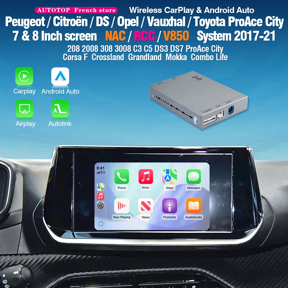 Décodeur sans fil CarPlay Android Auto AUTOTOP pour Peugeot Citroën DS Opel ProAce Système NAC RCC V850 Module Mirror Link Airplay