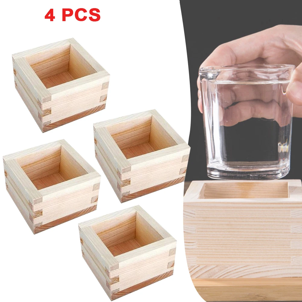

4 PCS Japanese Hinoki Wood Cypress Saki Cup Box Square Bamboo Wood Yellow Cocktail Glass For Traditional Sake Indulgence