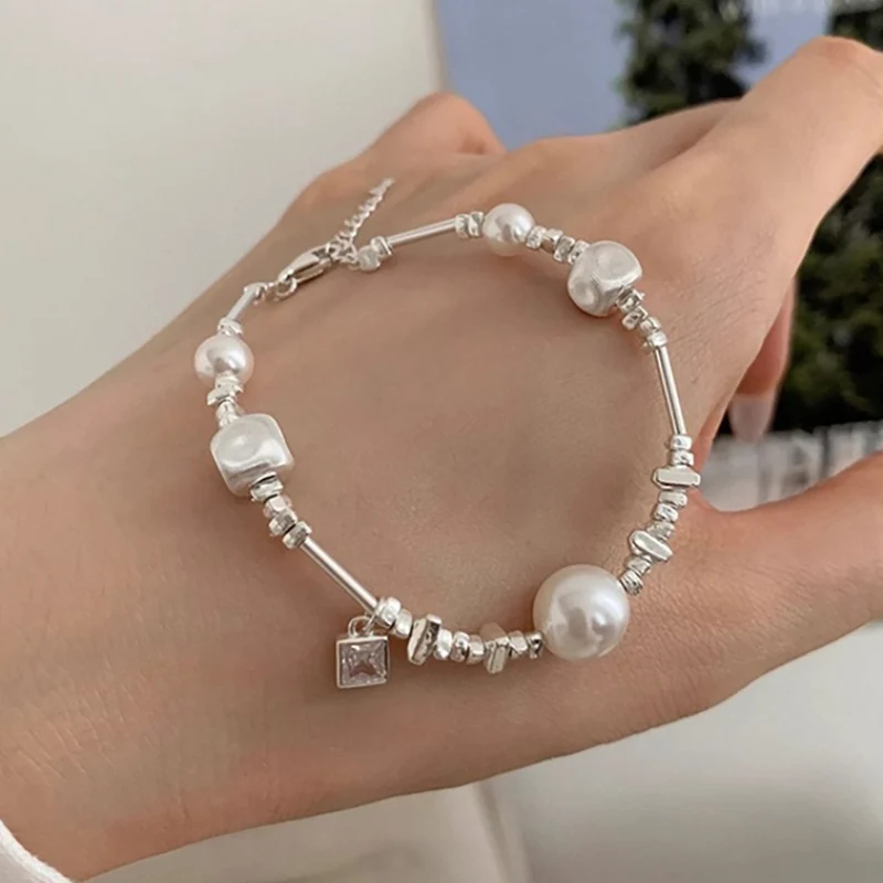 Foxanry Silver Color Irregular Geometric Beaded Pearl Bracelet For Women Girls Trendy Elegant Simple Sweet Birthday Jewelry Gift