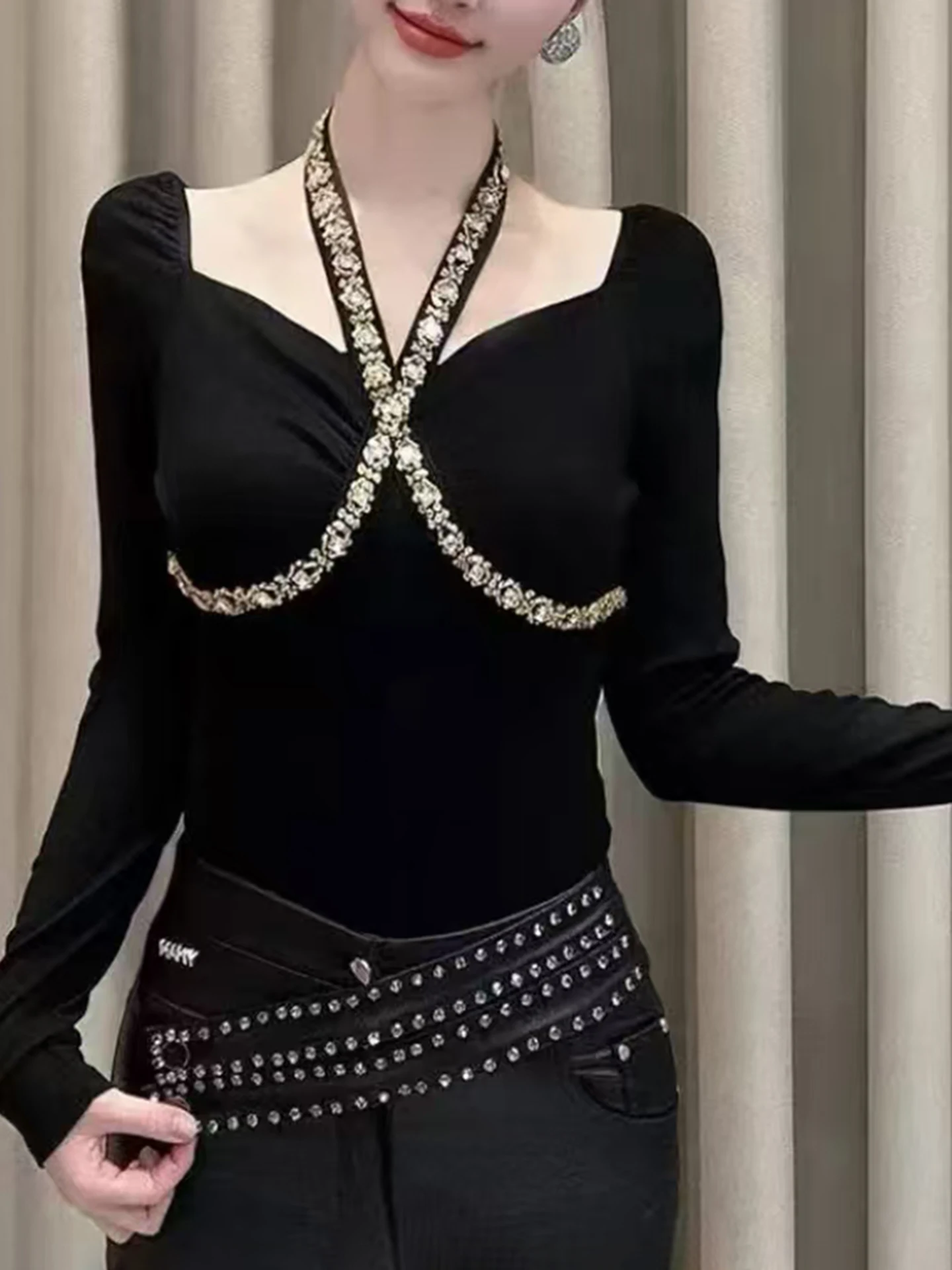 

Slimming Pure Desire Autumn Winter Fce Lined oulder Bared Long Sve T irt Women's Base irt Inner Wear Warmth Enhancer