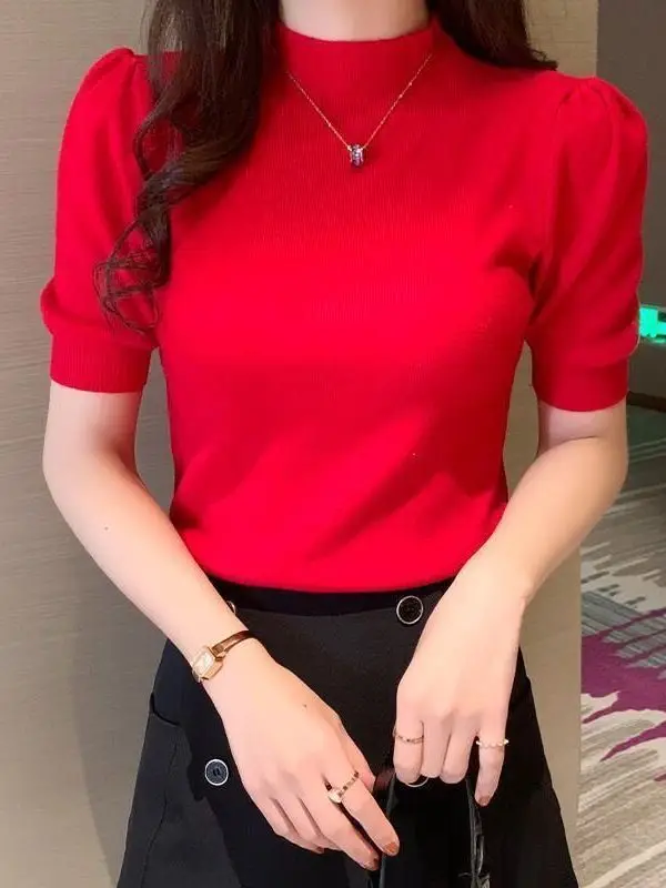 Spring Autumn 2025 Korean Style Slim Fit Knitwear Half High Collar Loose Base Layer Top for Women Breathable Sweat Wicking