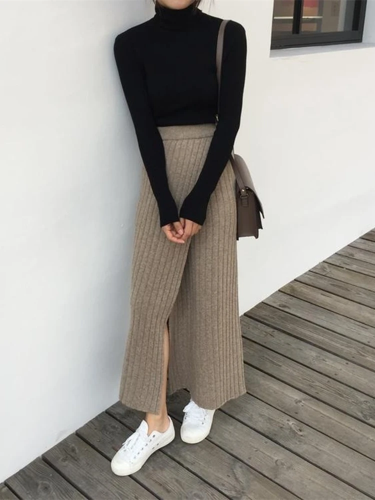 Women Skirt Long Skirts Kinitted Skinny A Line Japanese Harajuku Autumn Winter High Waist Solid Female Korean Streetwear Elegant