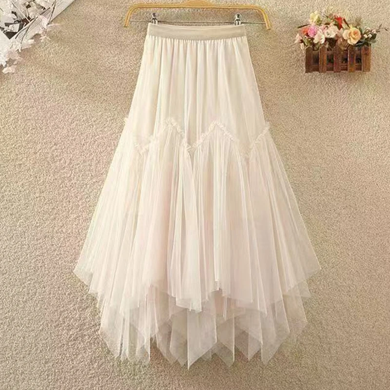 ไม่สม่ําเสมอจีบตาข่าย Tulle กระโปรงผู้หญิงฤดูใบไม้ผลิฤดูร้อนแฟชั่นสีทึบเอว A-Line ทํางานปาร์ตี้เต้นรํา Midi กระโปรงยาว