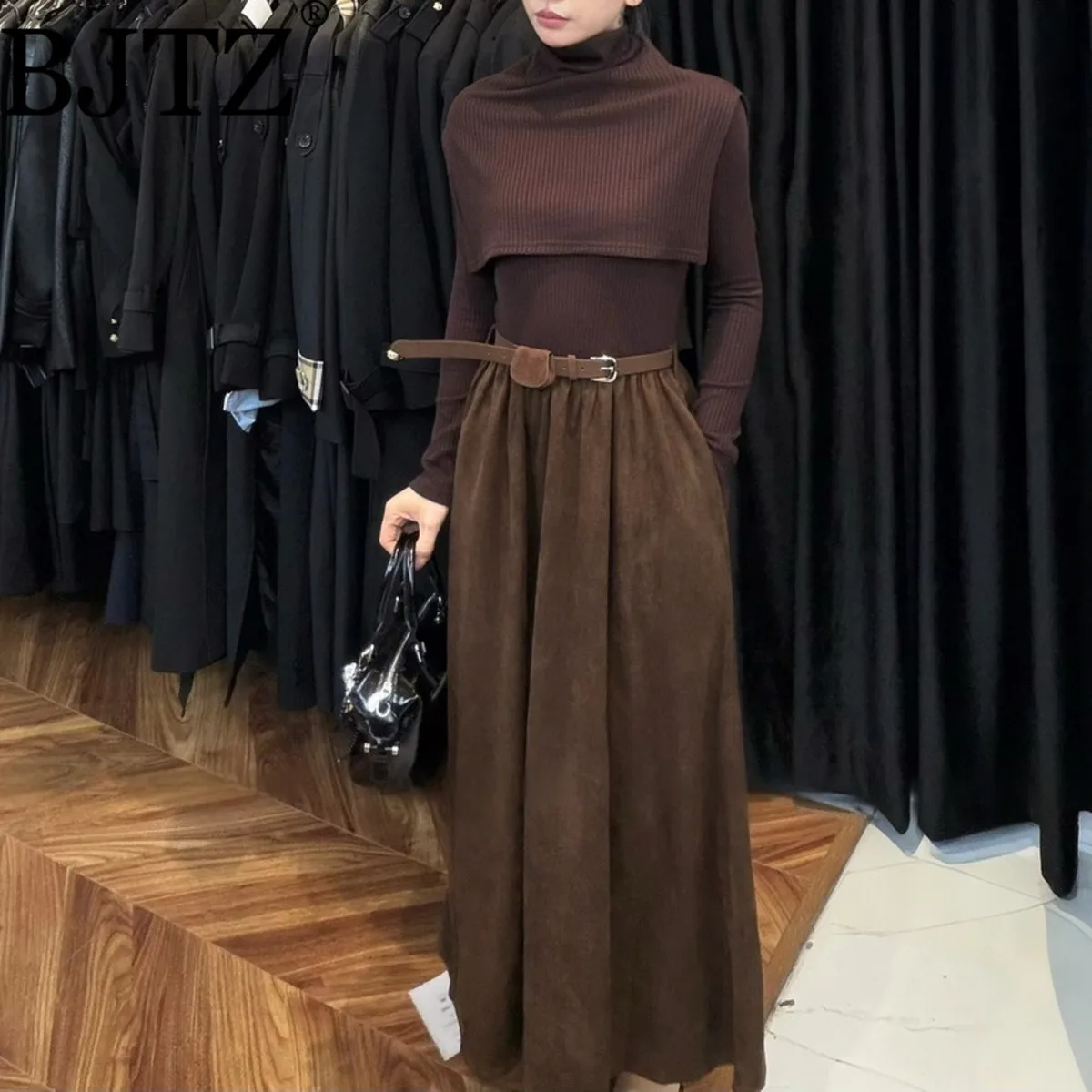 

BJTZ 2025 осень-зима вязаное лоскутное платье с шалевым воротником и поясом с длинным рукавом, облегающая теплая водолазка в рубчик, офисная вечеринка
