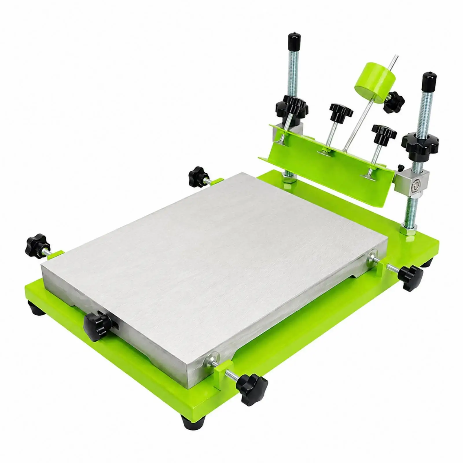 Hand Operated Screen Printer with Adjustable Screen Holder and Threaded Rods for Flat Material Printing on Studio Use