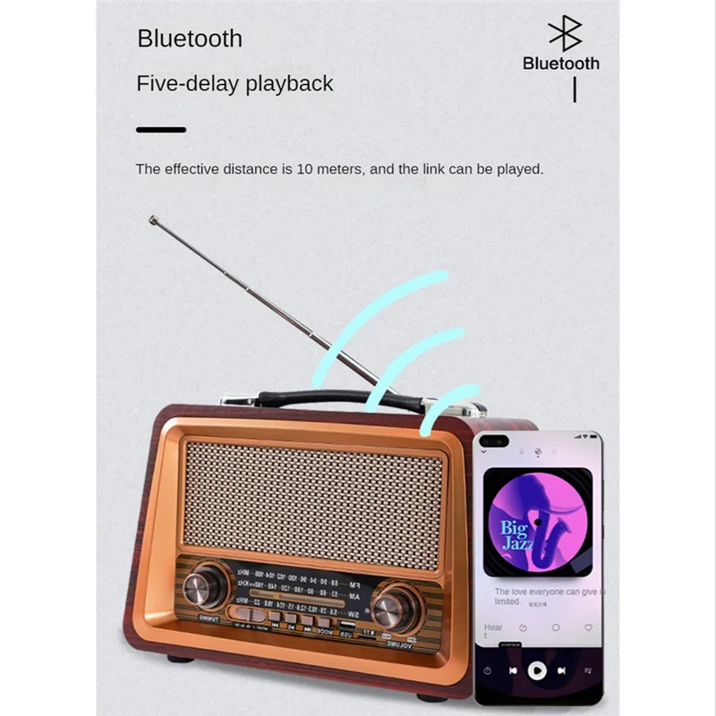 Portable Wooden Retro Radio Wireless Bluetooth Speakers HIFI Stereo AM/FM Radio Player USB TF AUX MP3,Mahogany Color