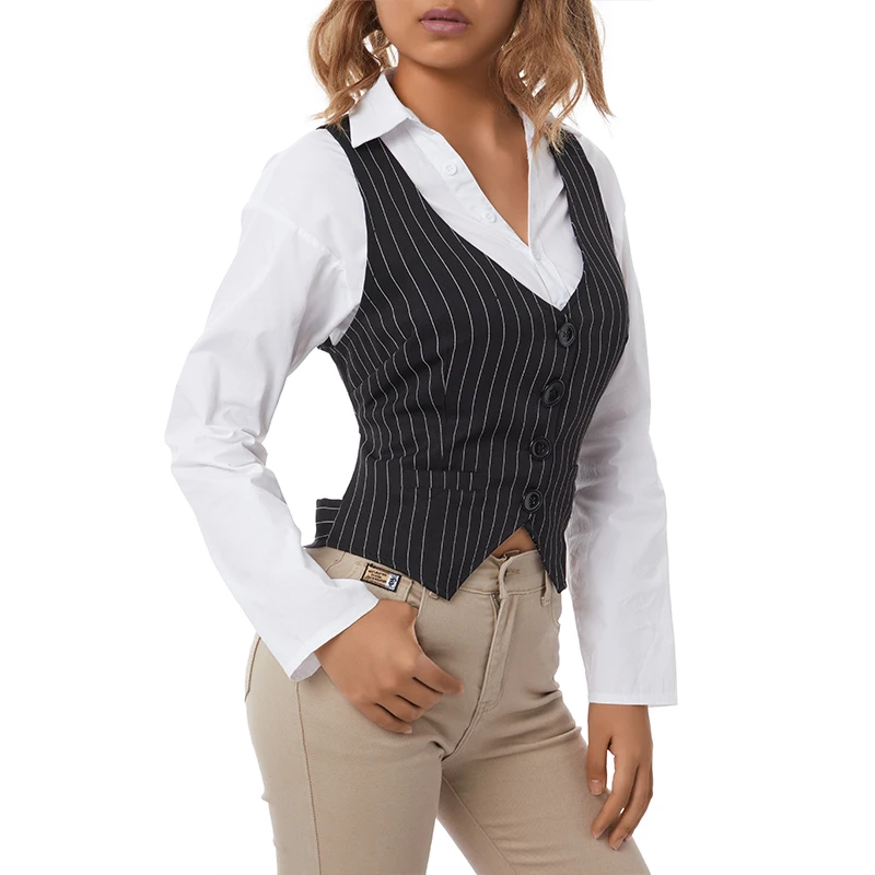 Women Button Up Suits Vest Waistcoat Solid Color/ Striped V-Neck Sleeveless Slim Blouse Vests for Summer Autumn Office Ladies