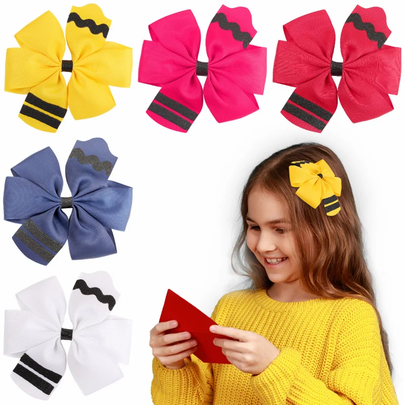 3.9/4.5\'\' BACK TO SCHOOL Glitter Hair Bows With Alligator Clip Solid Pencil Grosgrain Ribbon Hair Clip Fashion Hair Accessories