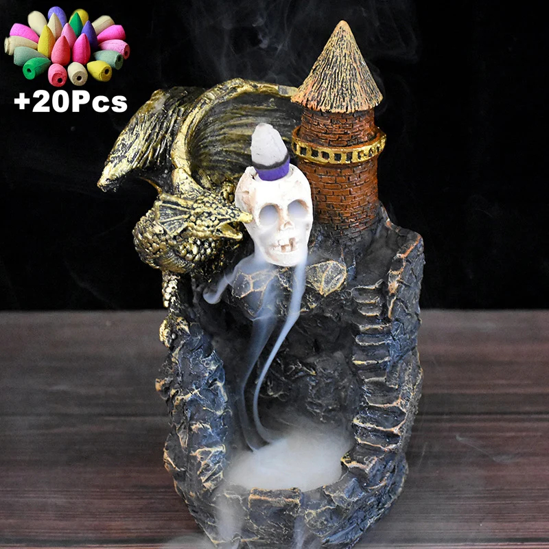 Hand Made Resin Craft  Decoration 3D Skull Model Waterfall Incense Fountain Backflow +20Incense