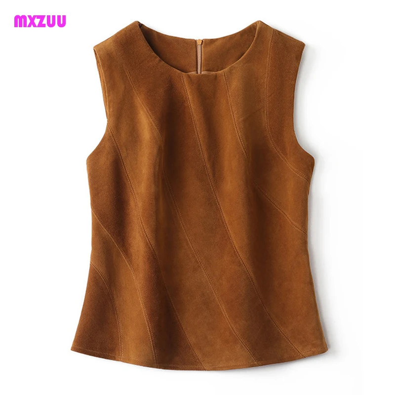 Women's Sleeveless Vest Real Suede Leather Waistcoat Round Neck Zipper Matching Diagonal Stripes Slim Sheepskin Gilet Chalecos