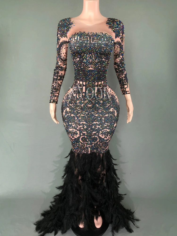 

Sparkly Rhinestones Feather Women Sexy Nightclub Black Long Dress Evening Prom Wear Birthday Celebrate Party Stage Costume ﻿