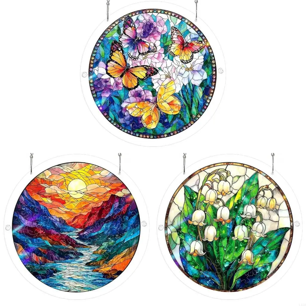 L43A Puzzle Sun Catcher Stained Glass Window Hangings Acrylic Suncatchers Decors for Home Garden Ornament Housewarmings Gift