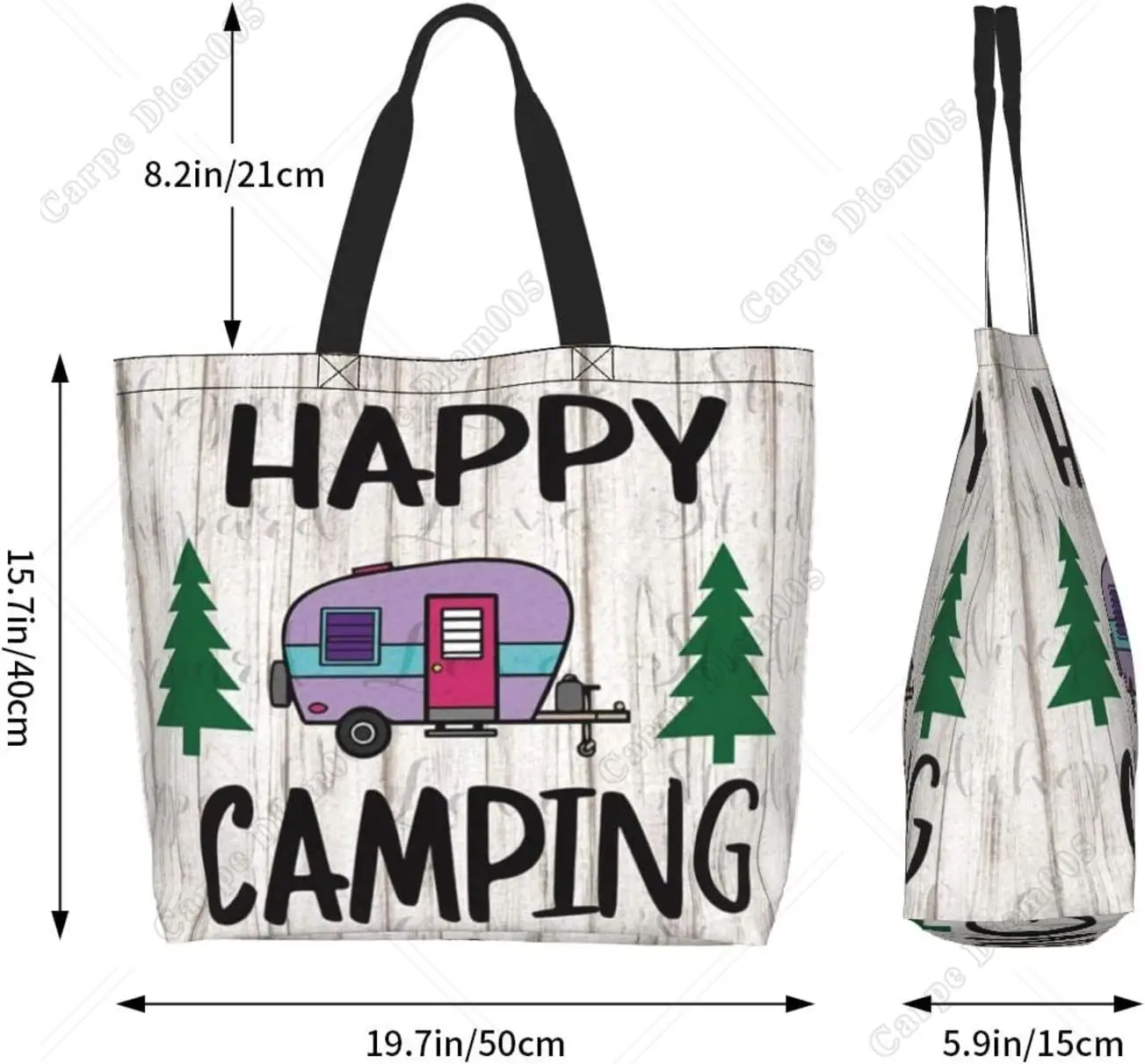 Happy Camper Women Shopping Shoulder Handbag Hiking Picnic Camper Tote Bag Reusable Shopping Bag Print Pattern One Size