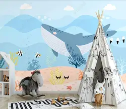 Nordic cartoon ocean whale wallpaper cute children's room wallpaper boy and girl bedroom wallpaper mural papel de parede