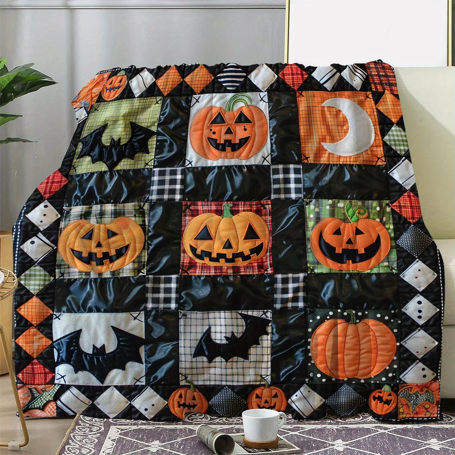 Halloween Plaid Flannel Blanket, Pumpkin Bat Moon Fall Leaf Pattern, Soft Warm Multi-use Throw for Sofa Bed Car Camping, Gift