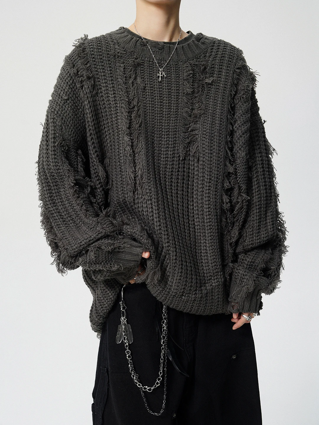 

Мужской вязаный свитер American Style с круглым вырезом, с бахромой, зимний теплый топ, модный свободный крой, ленивый стиль, длинный рукав, трикотаж