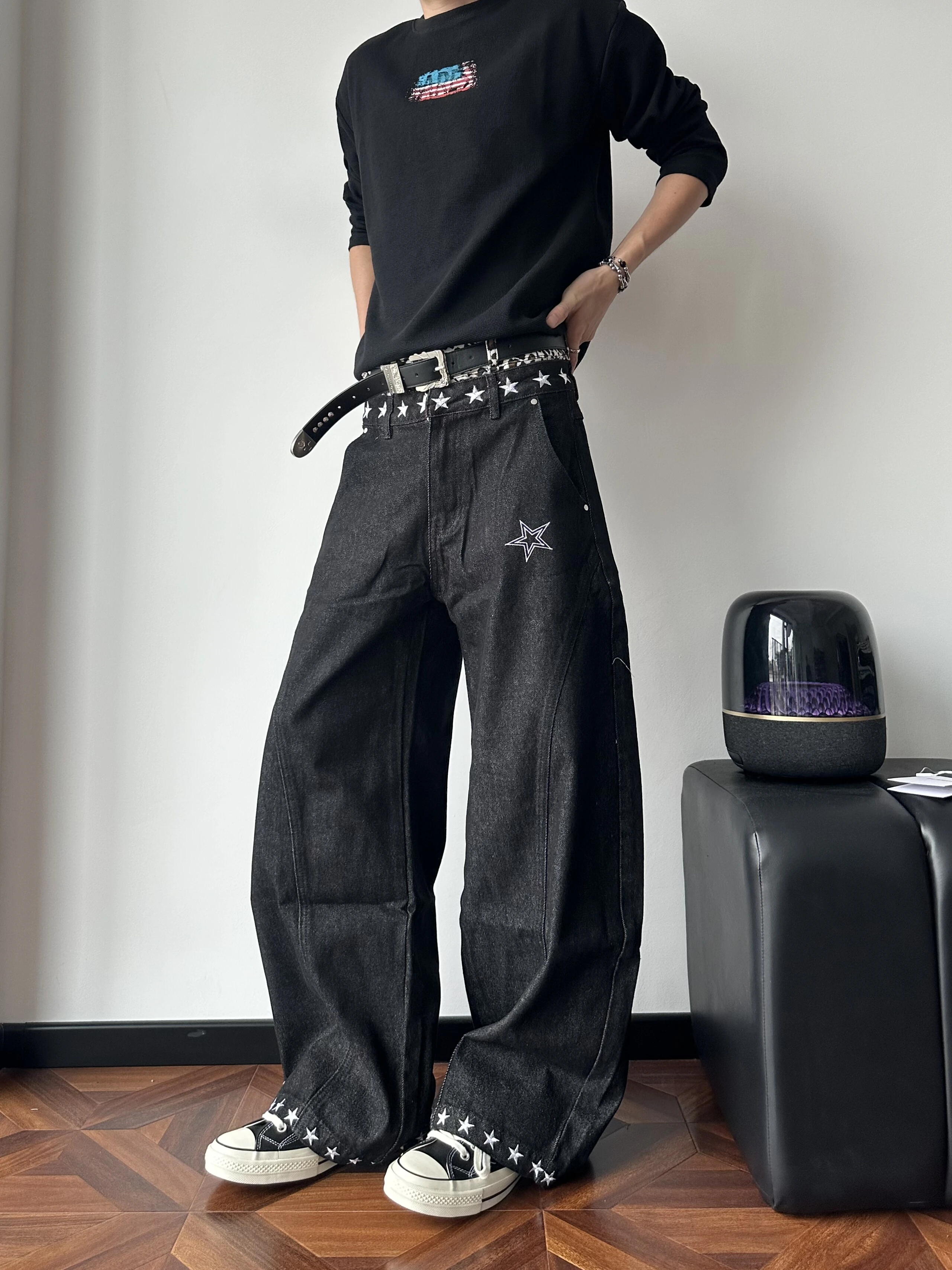 American Dark Star Embroidery Leopard Print Double Waist Knife  Loose Wide Leg Jeans Men's Autumn Vintage Design Sense