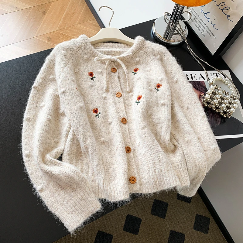 

Sweet Floral Embroidery Belted Knit Sweater Women's Autumn Winter Slimming Soft Cozy Knitted Open Cardigan Faion Ladies' Cl...
