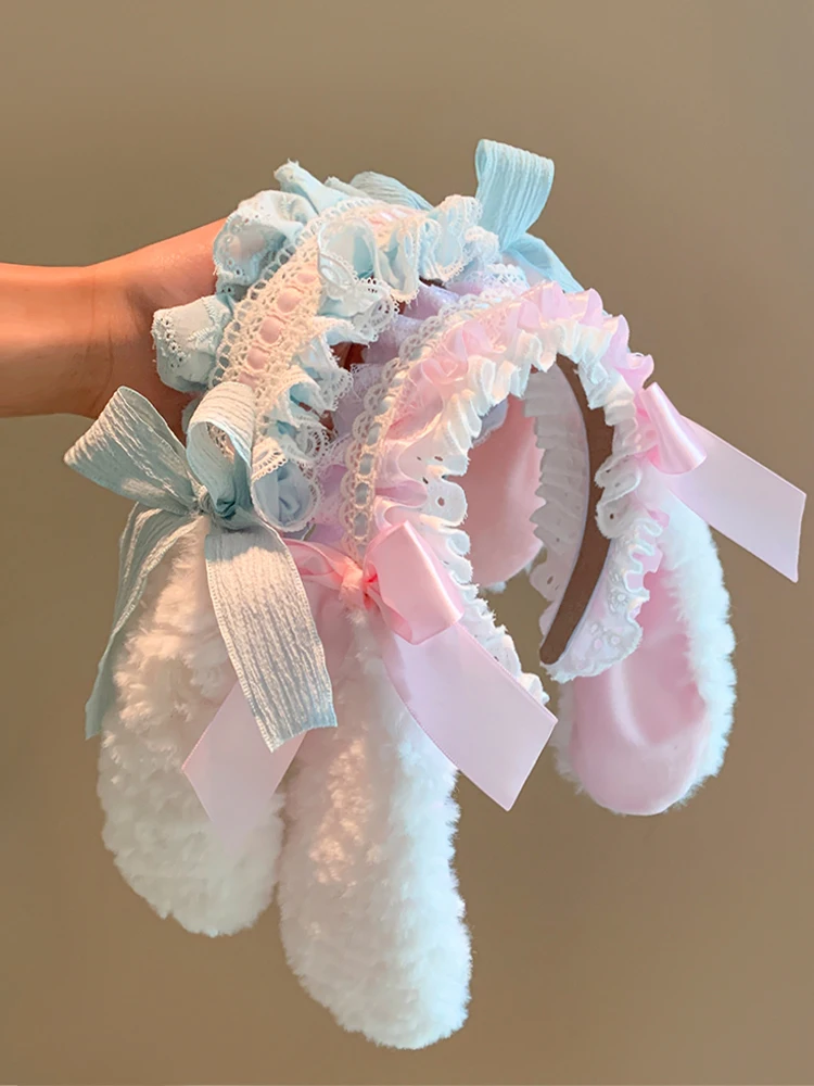 

Pink Bow Rabbit Ears Plush Headband Cute Lolita KC Headband Hairpin Headgear Cos Photo Props