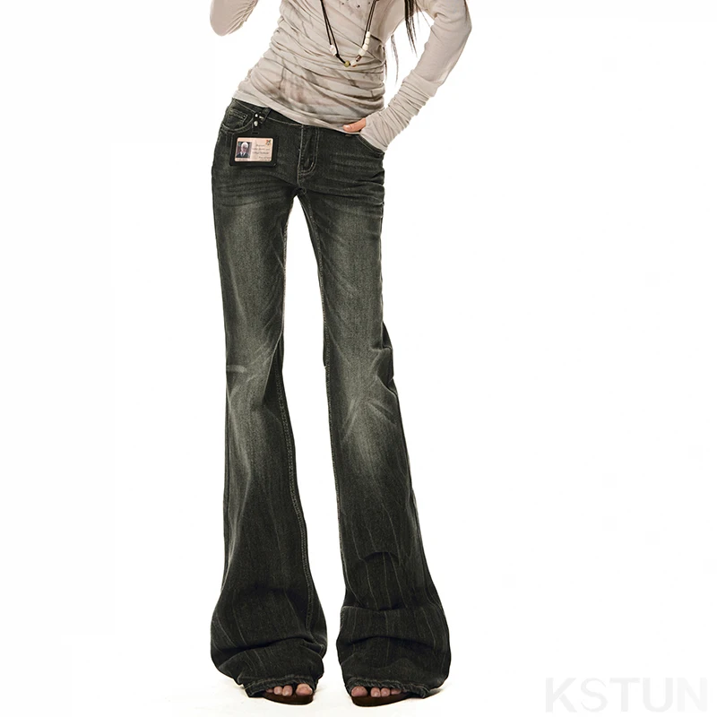 KSTUN Spicy Girl Low-rise Jeans Gray Stretch Women's Slim Flared Pants Office Lady Bell Bottom Trousers Vintage Fashion Pockets