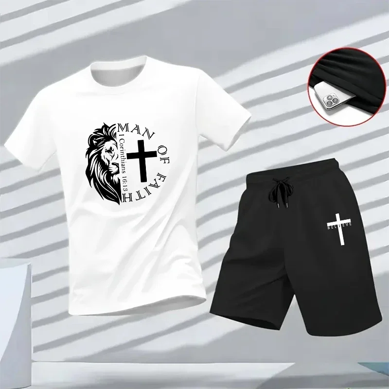 

Man of Faith Print Men's Set Summer Daily Casual Sports T-shirt and Shorts Jesus Cross Pattern Home Outdoor Comfort Tees Outfits